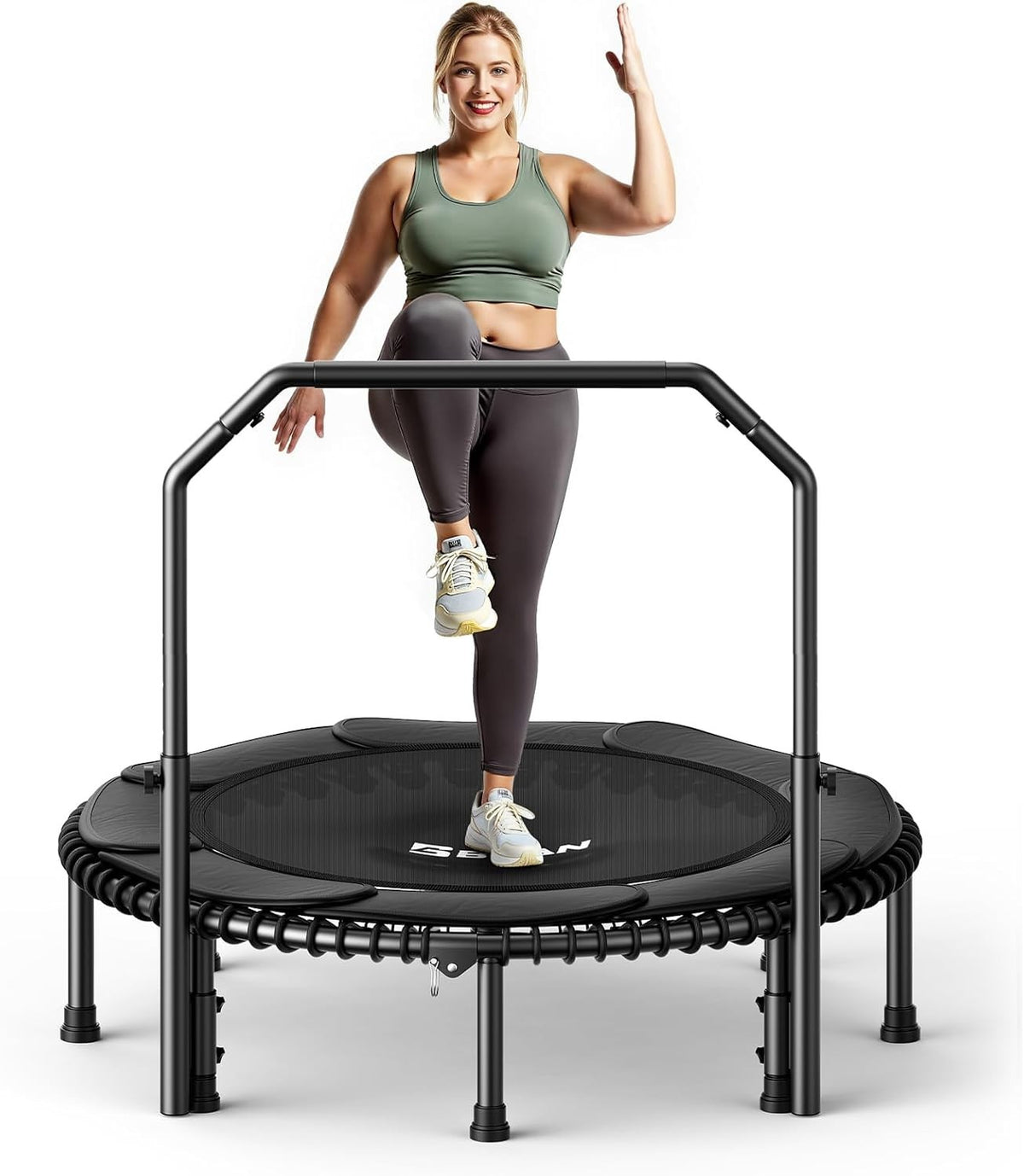 48in Fitness Rebounder Trampoline Adjustable Handle 550lb Silent Bungee