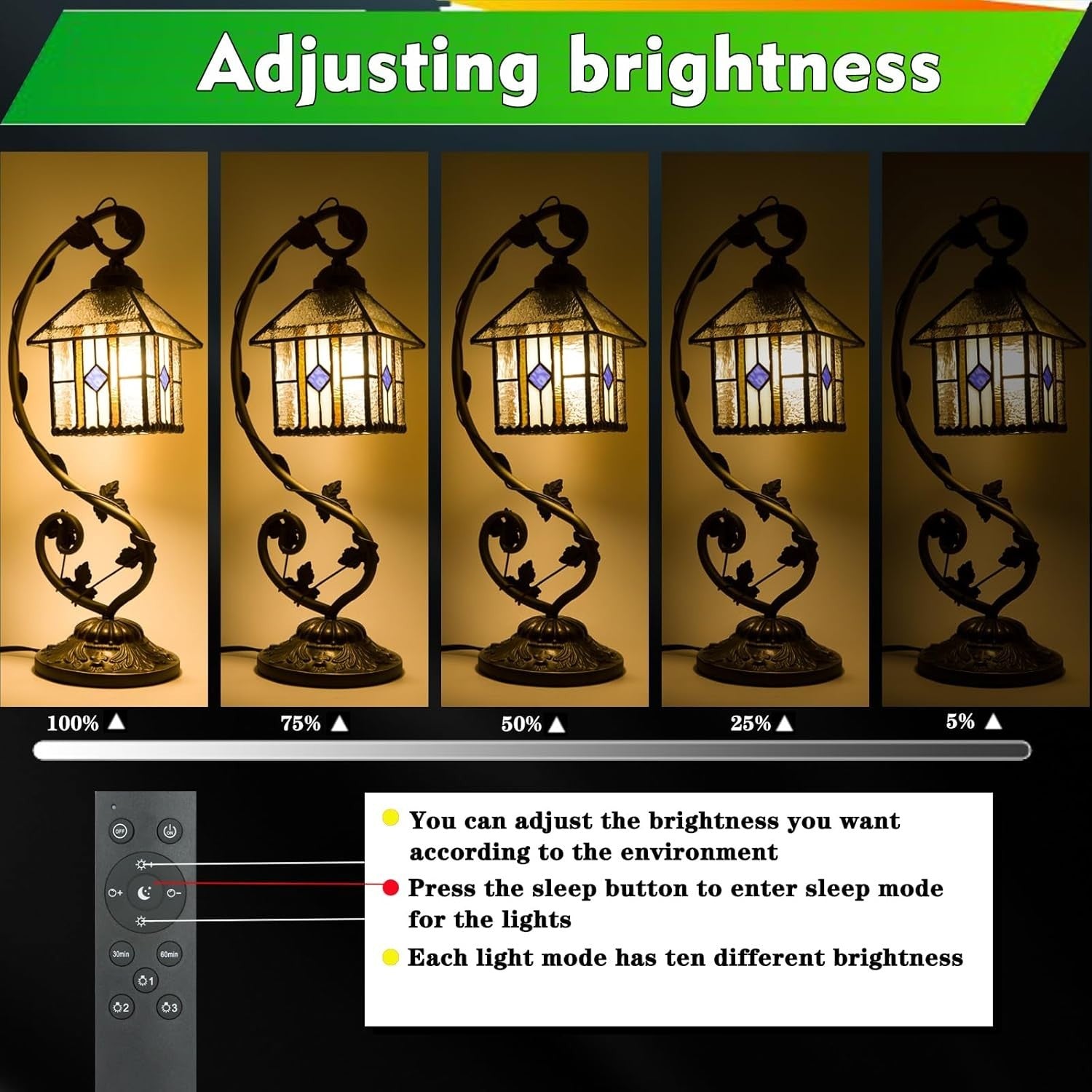 Stained Glass Table Lamp Remote Control Dimmable 3 Color Temp 28x20x52cm