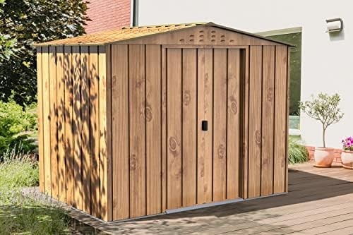 Metal Garden Storage Shed 8x6ft Waterproof Outdoor Tool Shed Woodgrain Brown
