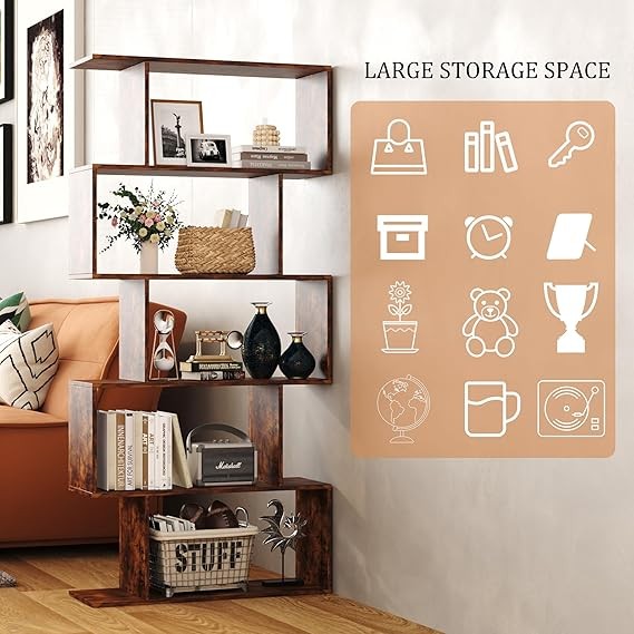Rustic Brown 5-Tier S-Shaped Geometric Bookshelf Modern Display Storage Unit