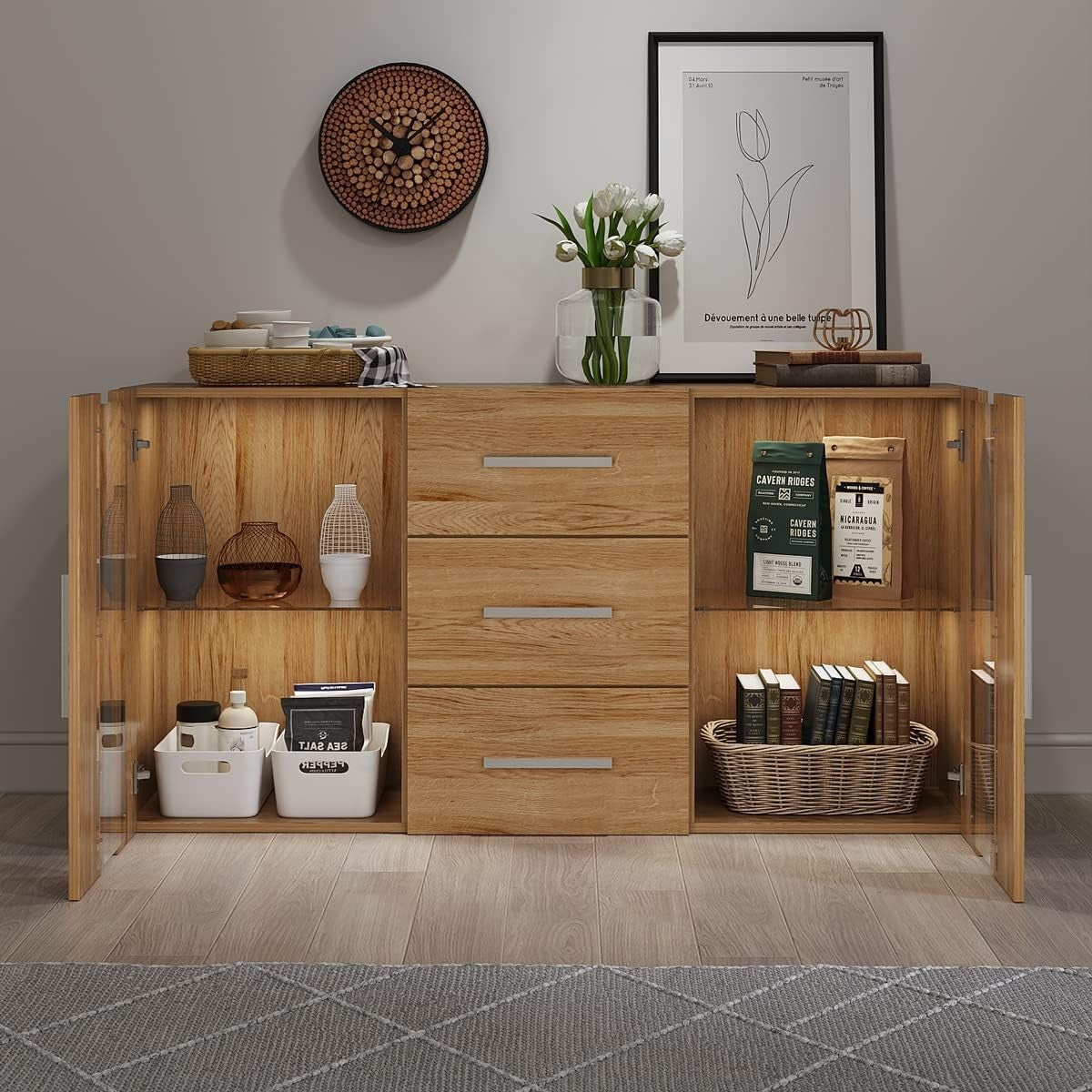LED Sideboard Cabinet with Drawers, Glass Doors & Storage Lights, Oak