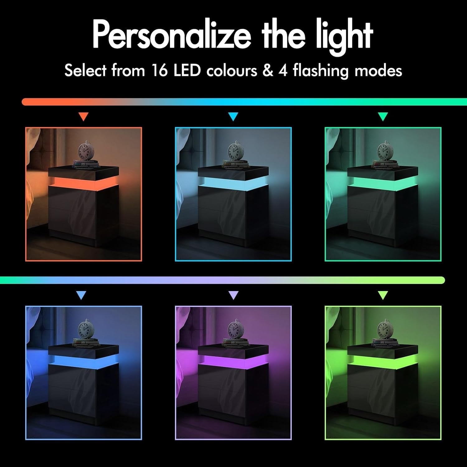 LED Bedside Table with 2 Drawers & RGB Lights | Modern Black