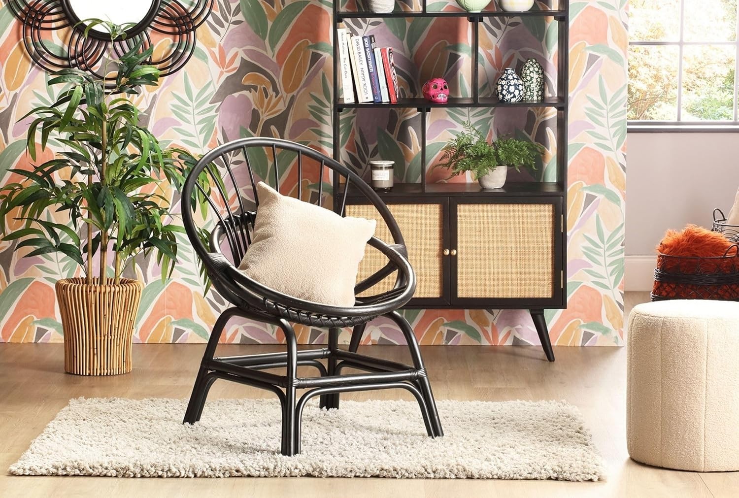 Black Rattan Wicker Moon Chair Indoor Cane Lounge Armchair Bedroom
