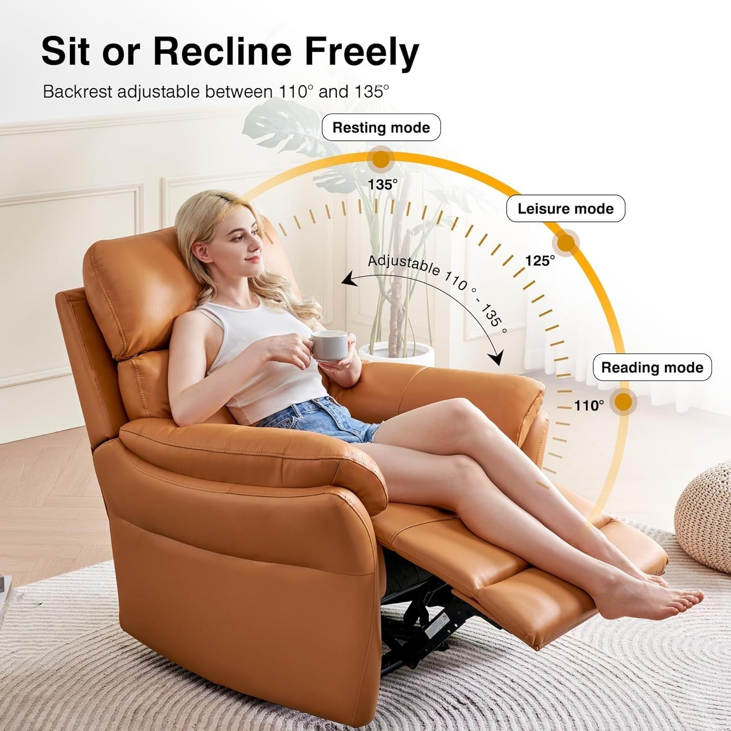 Genuine Leather Recliner Chair Orange Yellow, Ergonomic Living Room Sofa