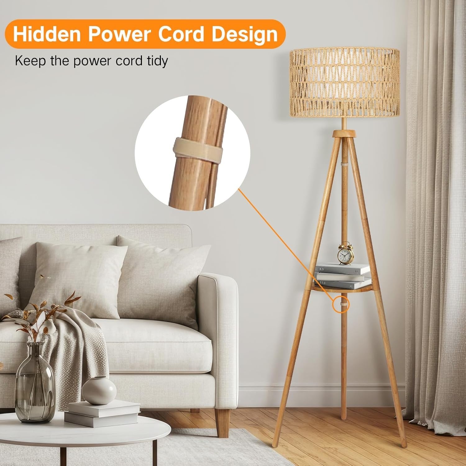 Wooden Tripod Floor Lamp Rattan Double Shade Remote Dimmable Boho Light