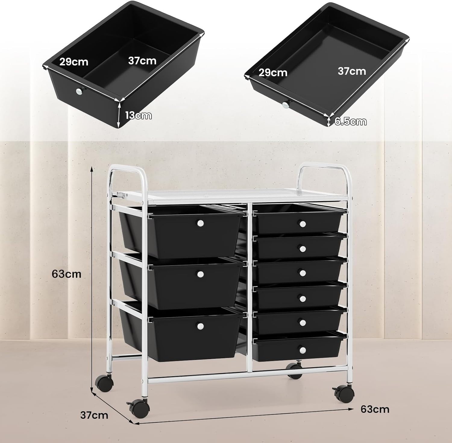 9 Drawer Rolling Storage Cart Utility Organizer Trolley Black Wheels