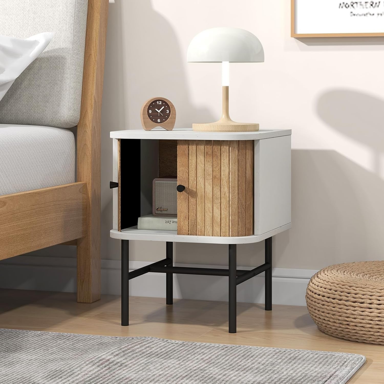 White Bedside Table with Sliding Doors & Metal Legs – Compact Modern Nightstand