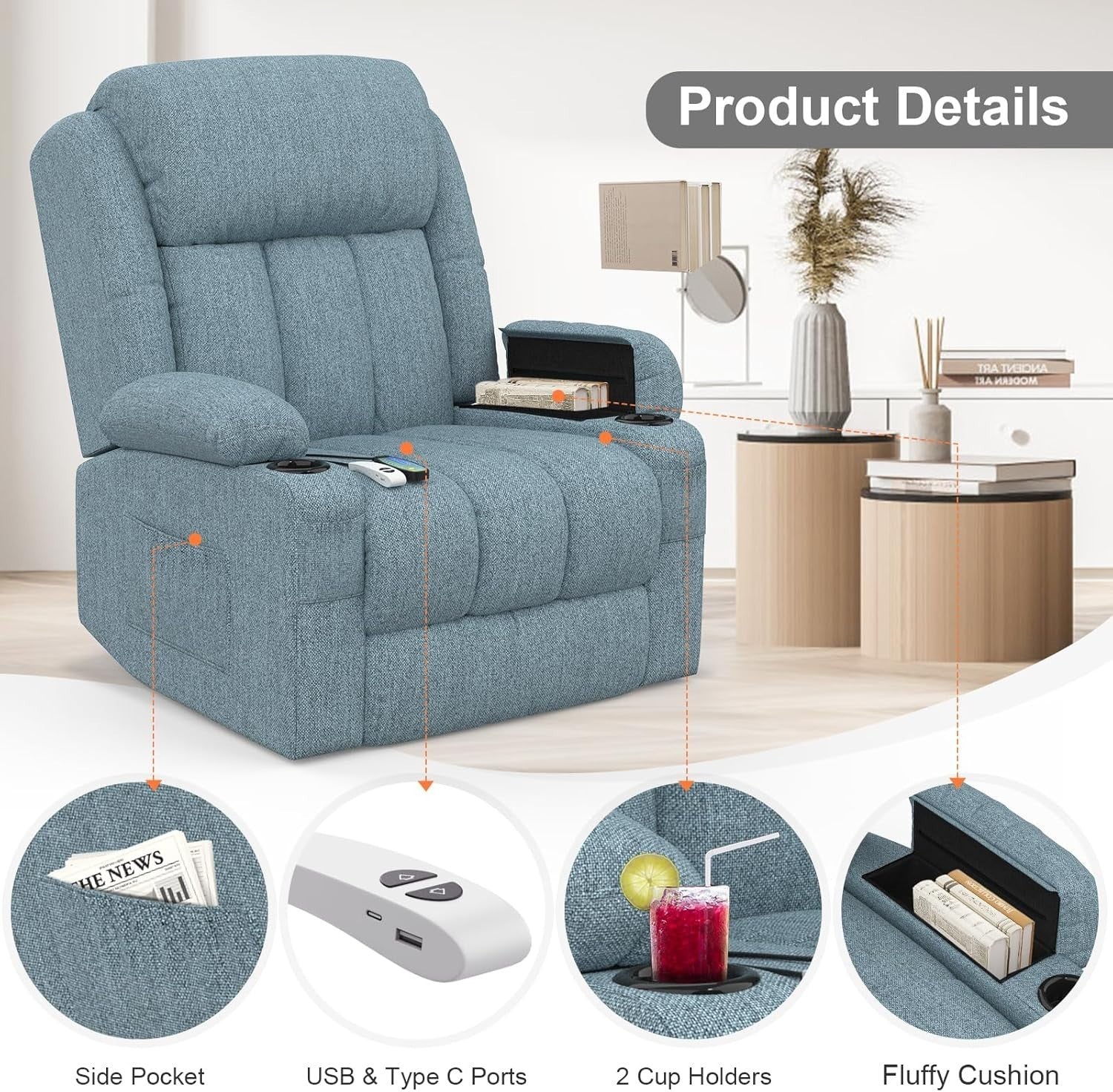 Power Lift Recliner Chair Massage Heat USB Ports Cup Holders Fabric Blue