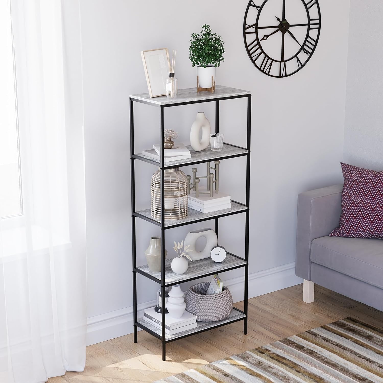 5-Tier Industrial Bookcase Black Metal Frame Wooden Shelving Display Unit