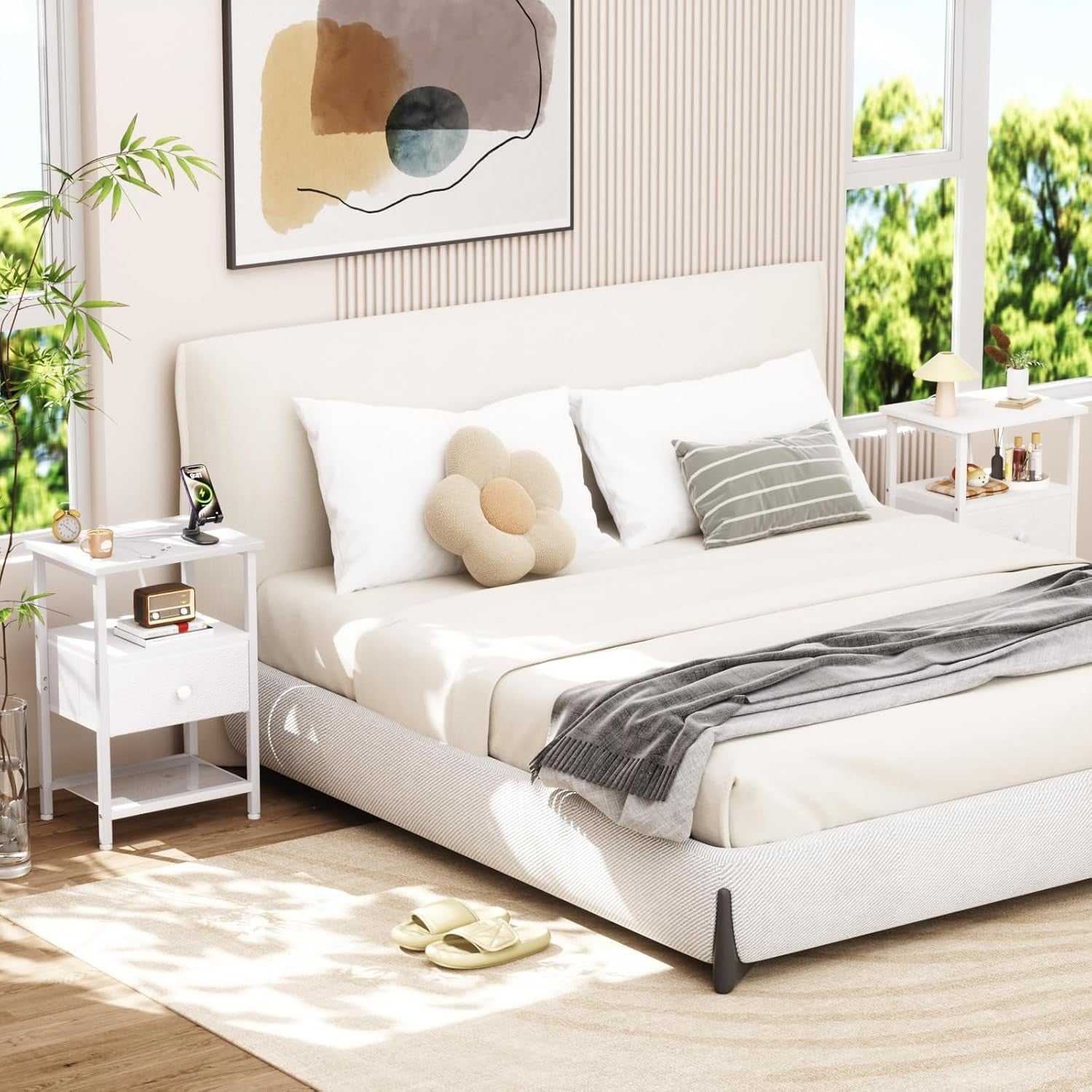 White Bedside Table with Charging Station Small Nightstand Drawer & Shelf