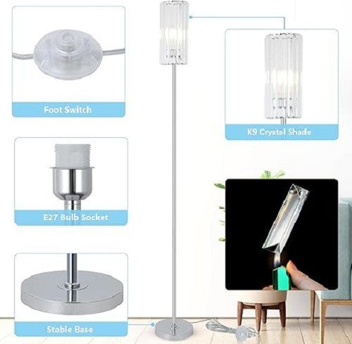 Modern Crystal Floor Lamp Chrome Glass Shade Tall Standing Light Living Room