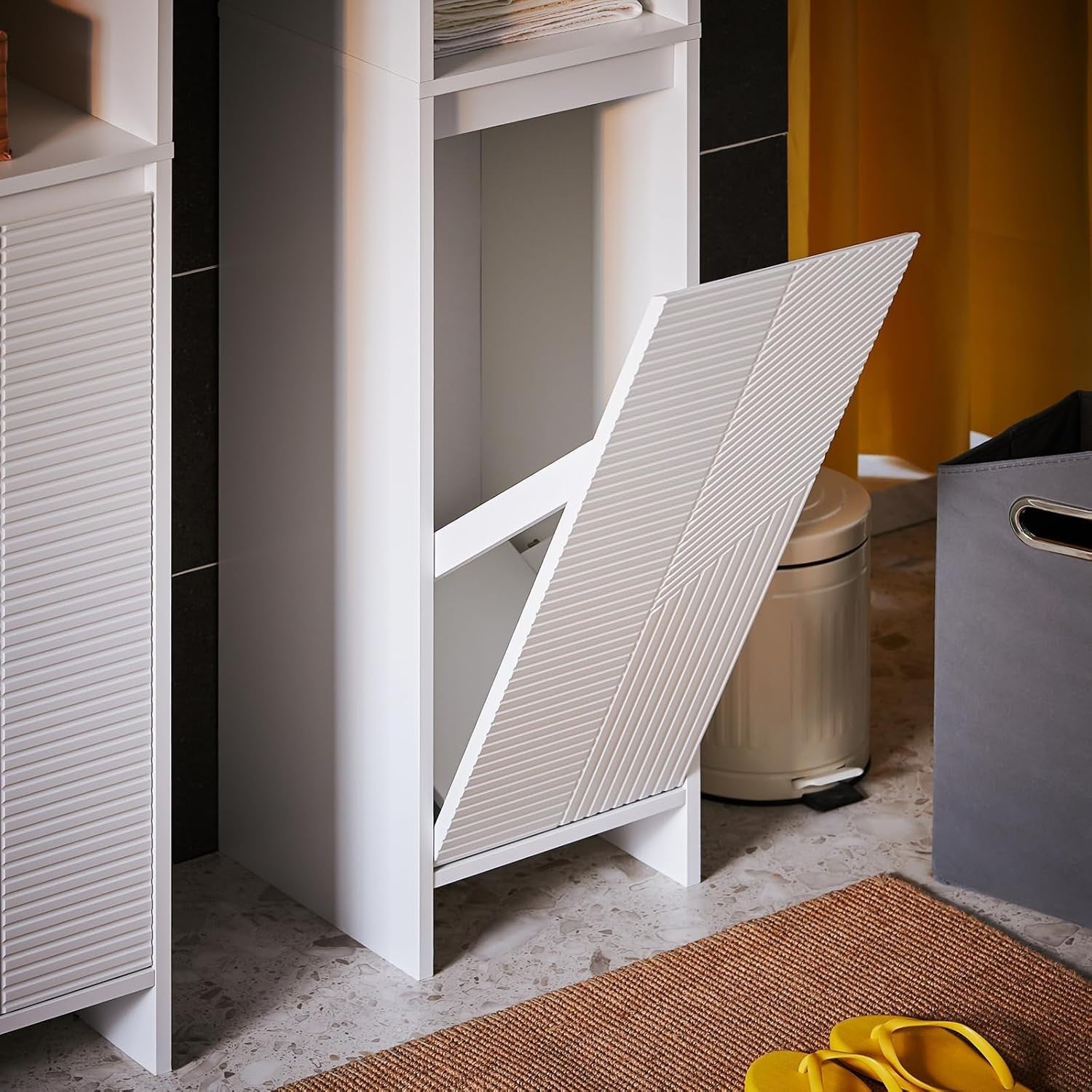 Tall Slim Bathroom Storage Cabinet with Laundry Hamper Adjustable Shelves White