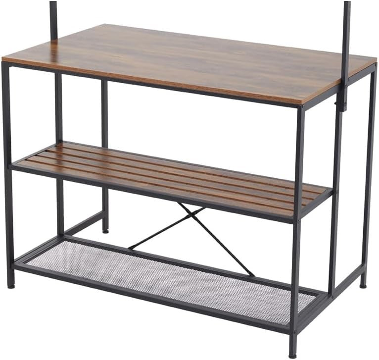 Breakfast Bar Table with Shelves & Hooks, Rustic Brown Kitchen Storage Table