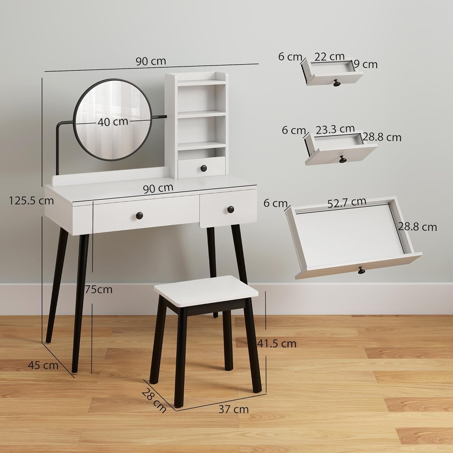 White Dressing Table Stool Mirror Set Vanity Desk 3-Drawer Storage & Shelves