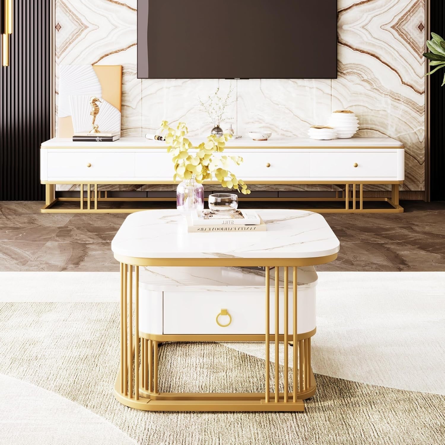 Square White Marble Nesting Coffee Table Set with Drawer – Gold Legs, Modern
