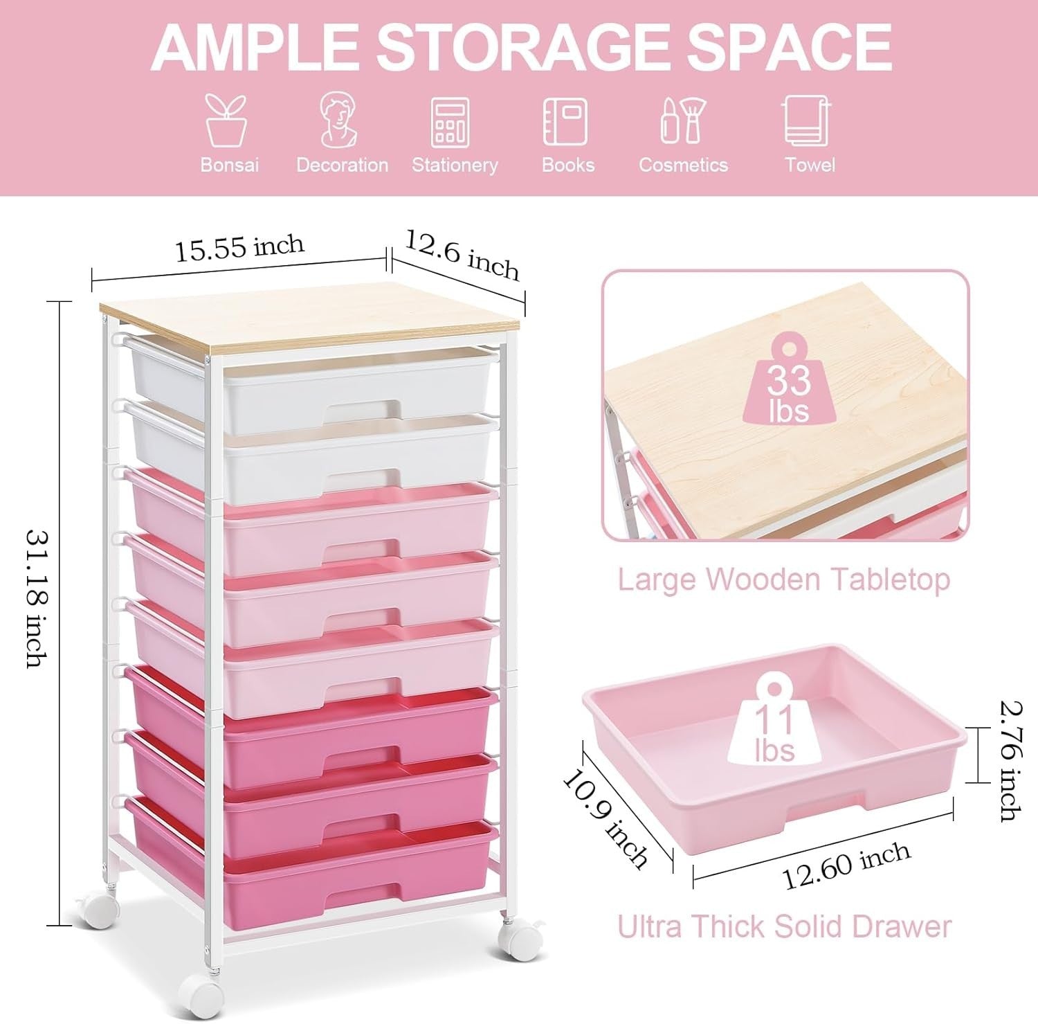 8 Drawer Rolling Storage Cart Rose Pink Utility Organizer Trolley