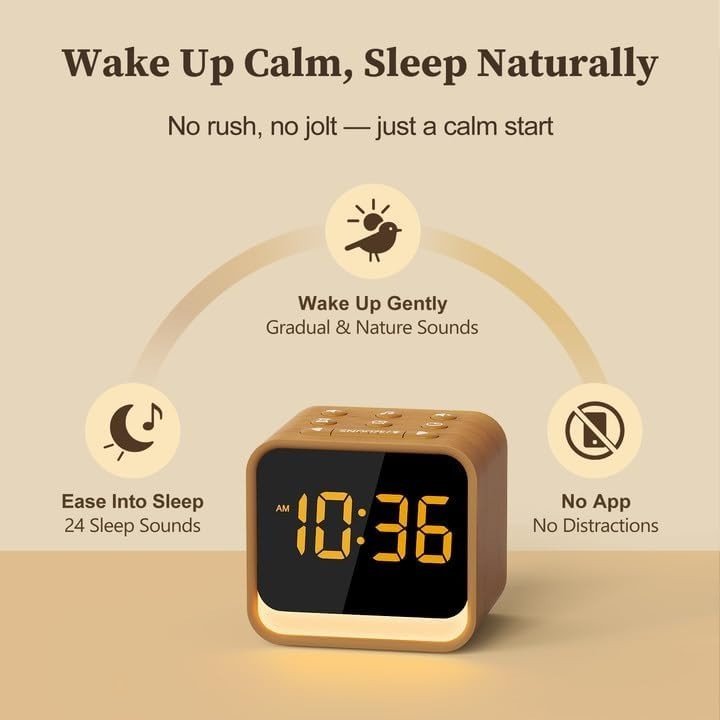 Wooden Sound Machine Alarm Clock with White Noise & Gentle Wake-Up