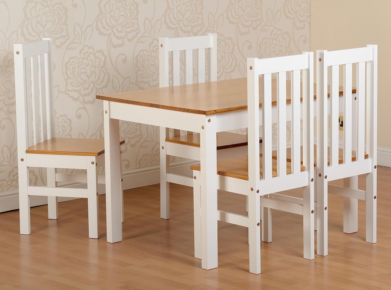 White Oak Effect 5-Piece Dining Set | 4 Slatted Chairs + Table | Rustic Farmhous
