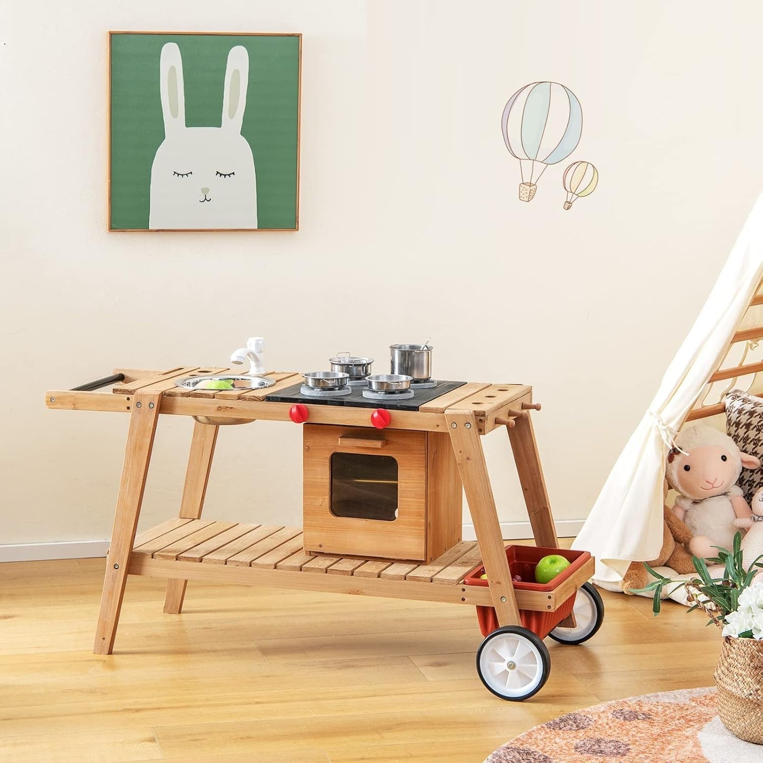 Wooden Mud Kitchen Outdoor Kids Cooking Cart Sink Umbrella Blue Toy