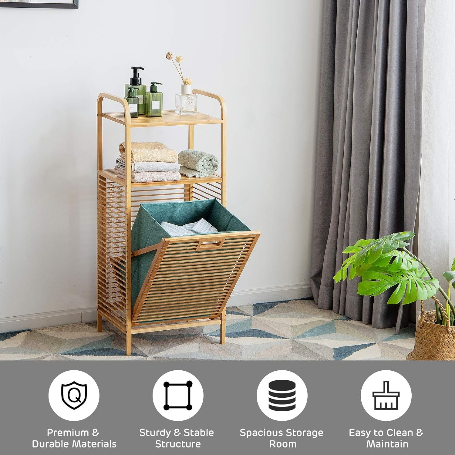Bamboo 2-Tier Laundry Hamper with Pull-Out Bag & Storage Shelves Bathroom
