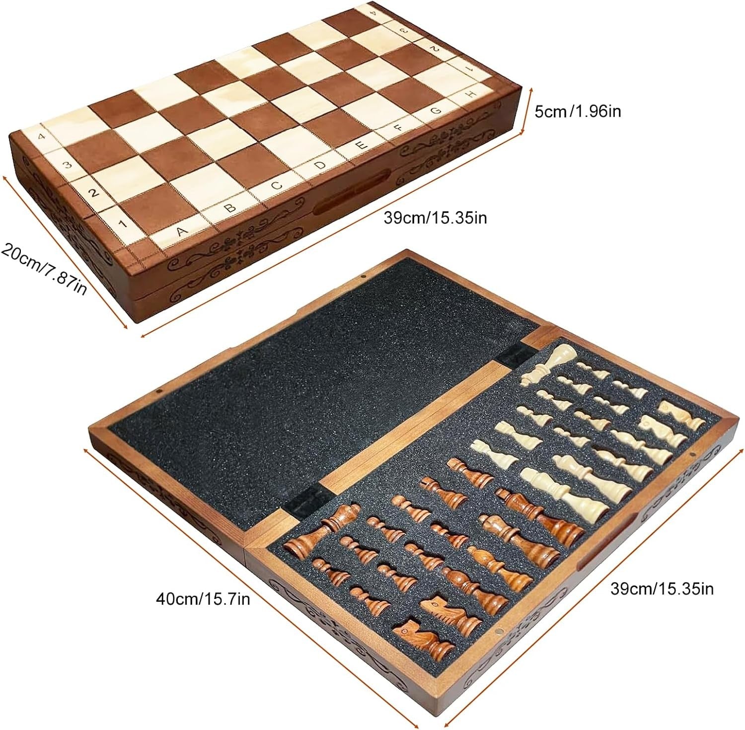 Luxury 15.7" Magnetic Folding Wooden Chess Set with Storage Slots Travel Game