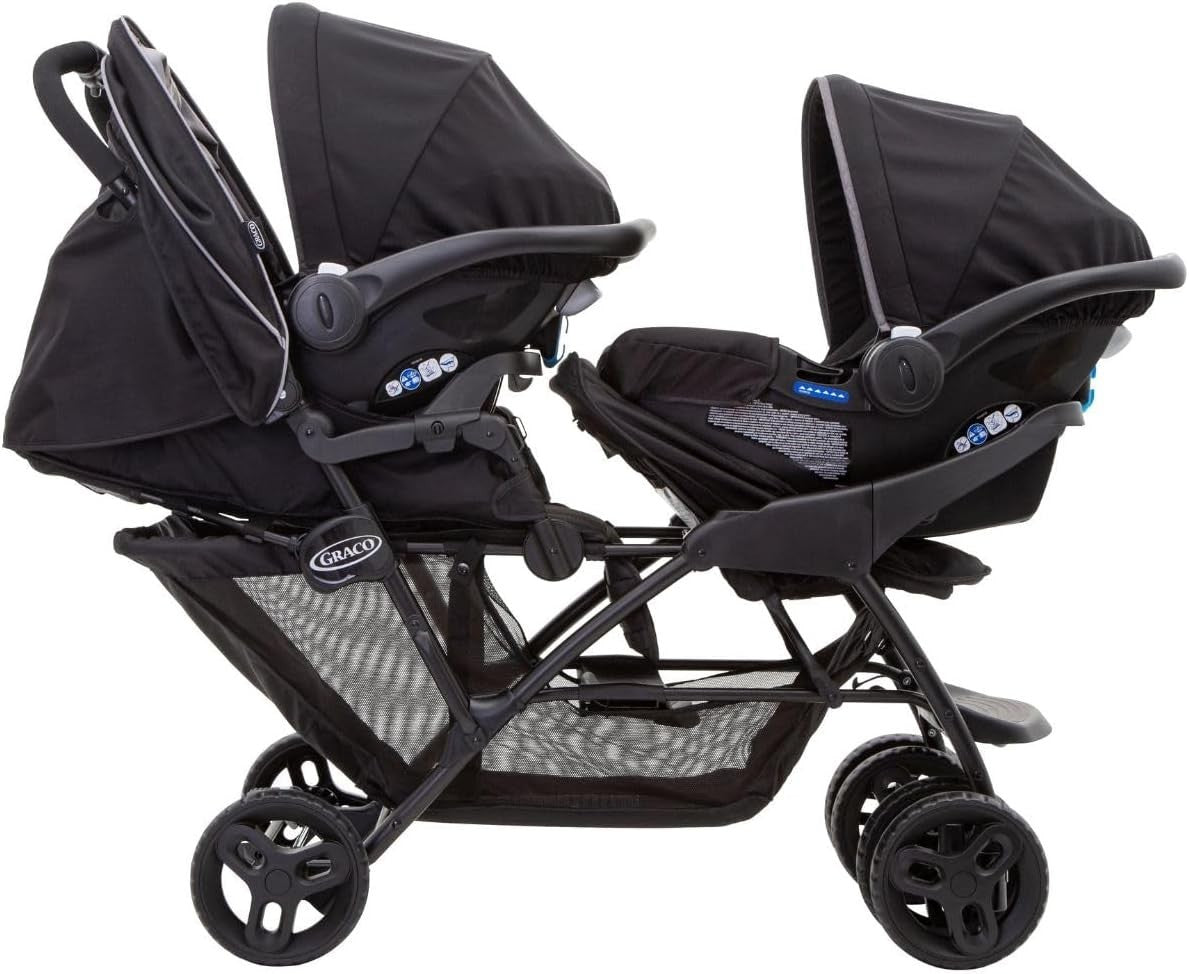 Tandem Double Pushchair from Birth, One-Hand Fold, Recline Seats, Black