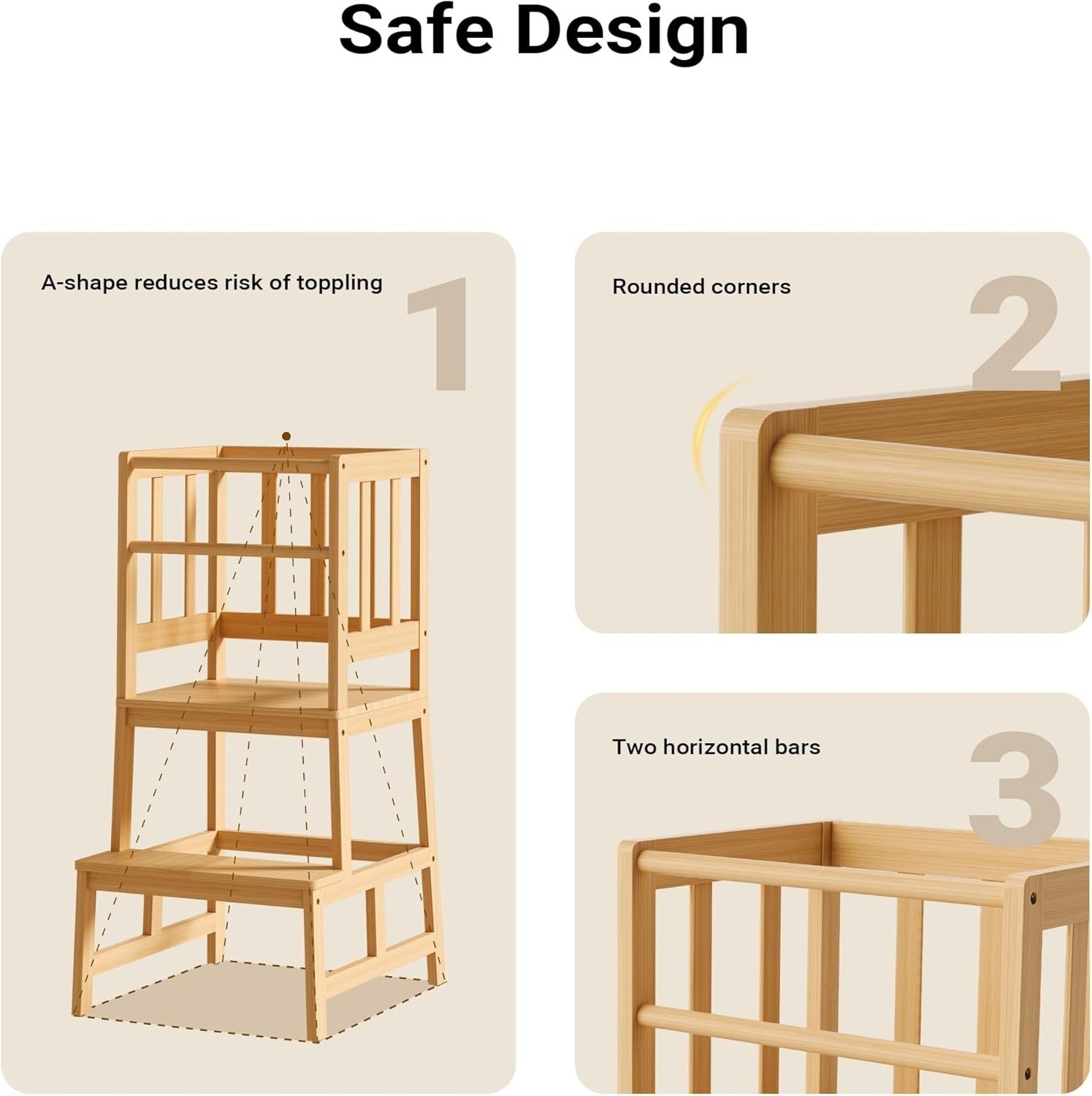 Kids Learning Tower Step Stool Bamboo Kitchen Helper Safe Sturdy 46x46x90cm