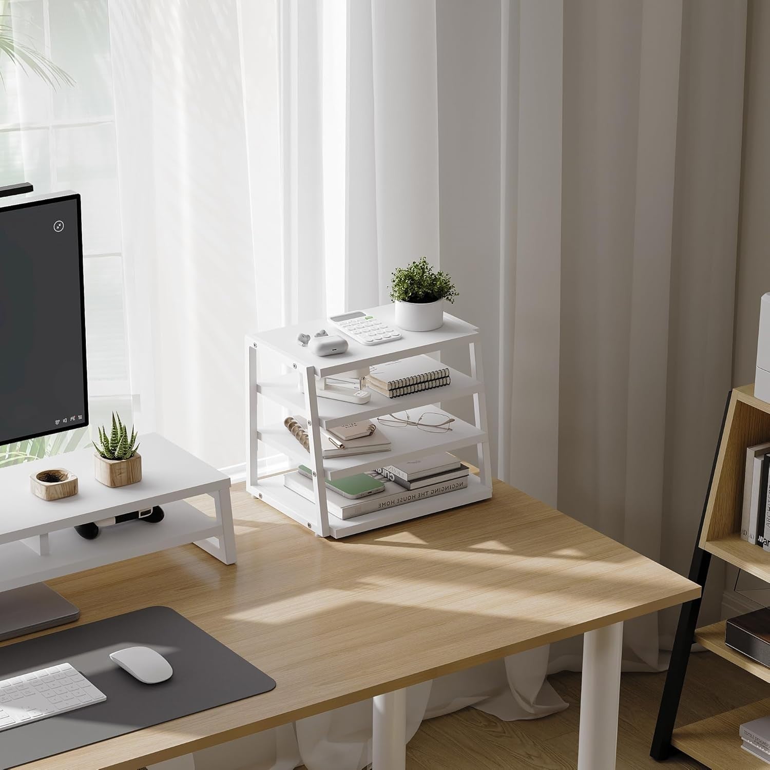 4 Tier Desk File Organizer A4 Paper Tray Wood Metal Office Shelf White
