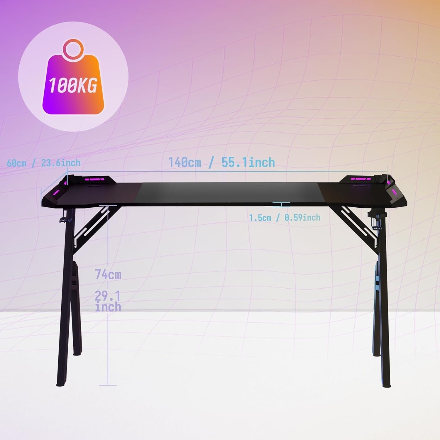 A-Frame Gaming Desk 140cm with RGB LED Lights & Steel Frame Black