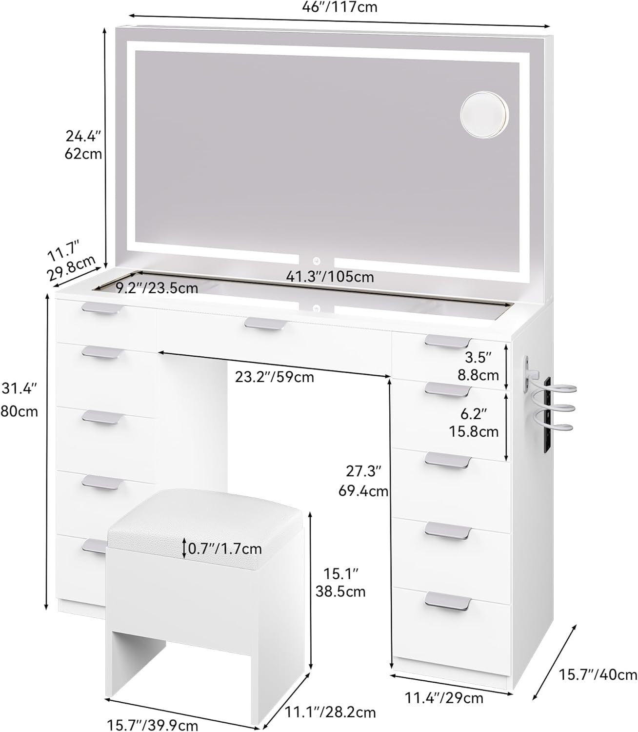 11-Drawer Makeup Vanity Desk with LED Light Mirror, Glass Top & Charging Station