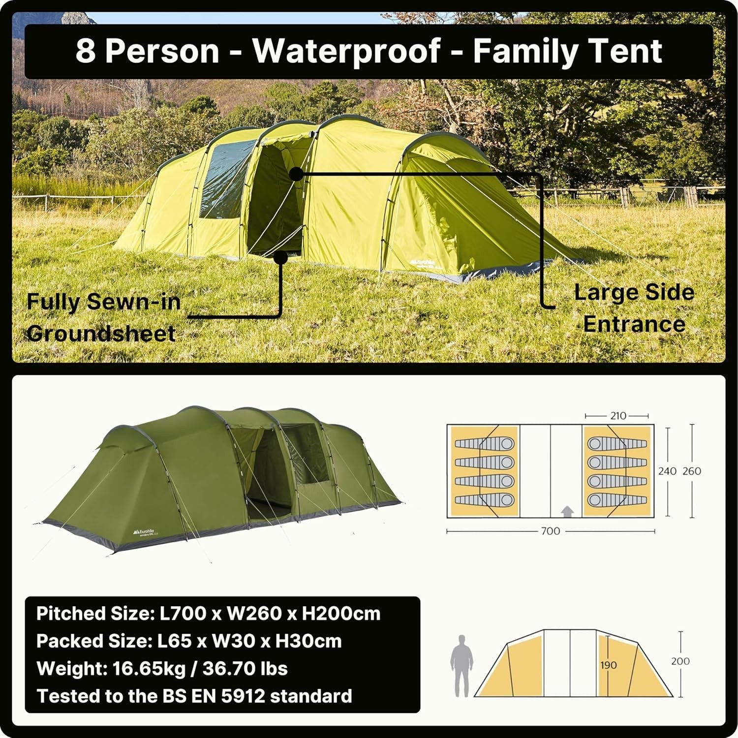 Green 8-Person Eurohike Sendero XL Family Camping Tent – Waterproof & Spacious