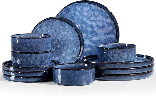 12pc Blue Stoneware Dinner Set Plates Bowls Reactive Glaze Service for 4