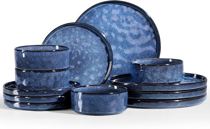 12pc Blue Stoneware Dinner Set Plates Bowls Reactive Glaze Service for 4