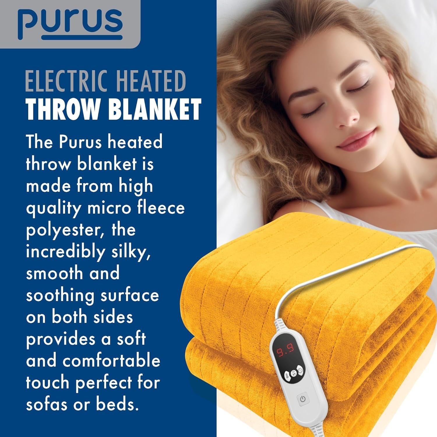 Electric Heated Throw Blanket XL 9 Heat Settings Timer Washable Gold