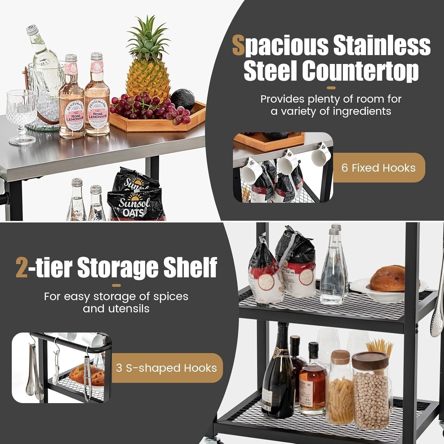 3-Tier Outdoor Grill Cart Pizza Oven Stand Stainless Steel Top BBQ Trolley 72x41