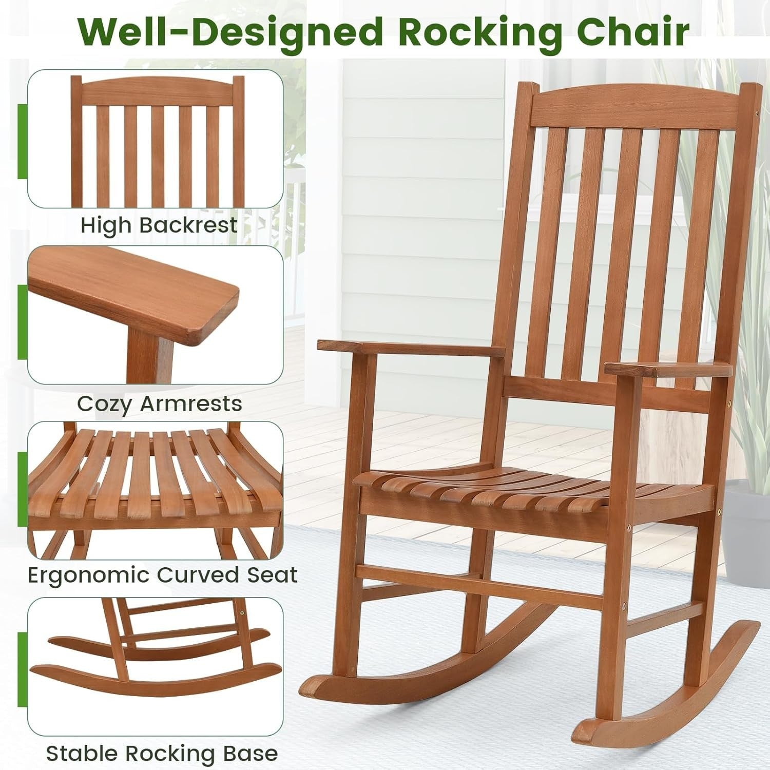 Wooden Outdoor Rocking Chair Ergonomic Patio Armchair Garden Seat