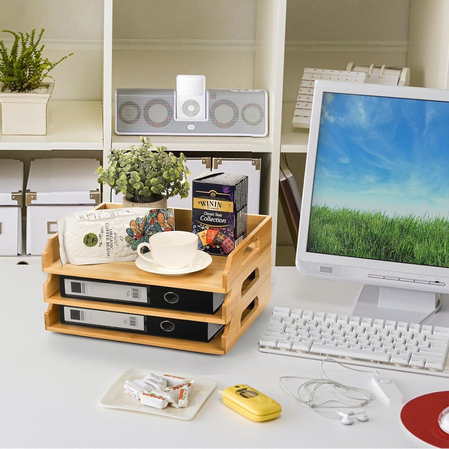 3-Tier Stackable Bamboo Desk Organizer Trays A4 Paper File Storage