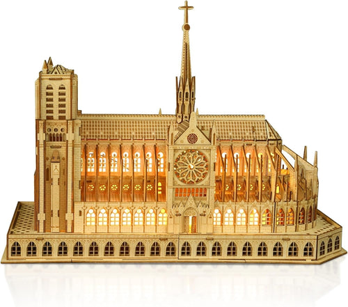 3D Wooden Notre Dame Puzzle with LED Light, DIY Architectural Model Kit