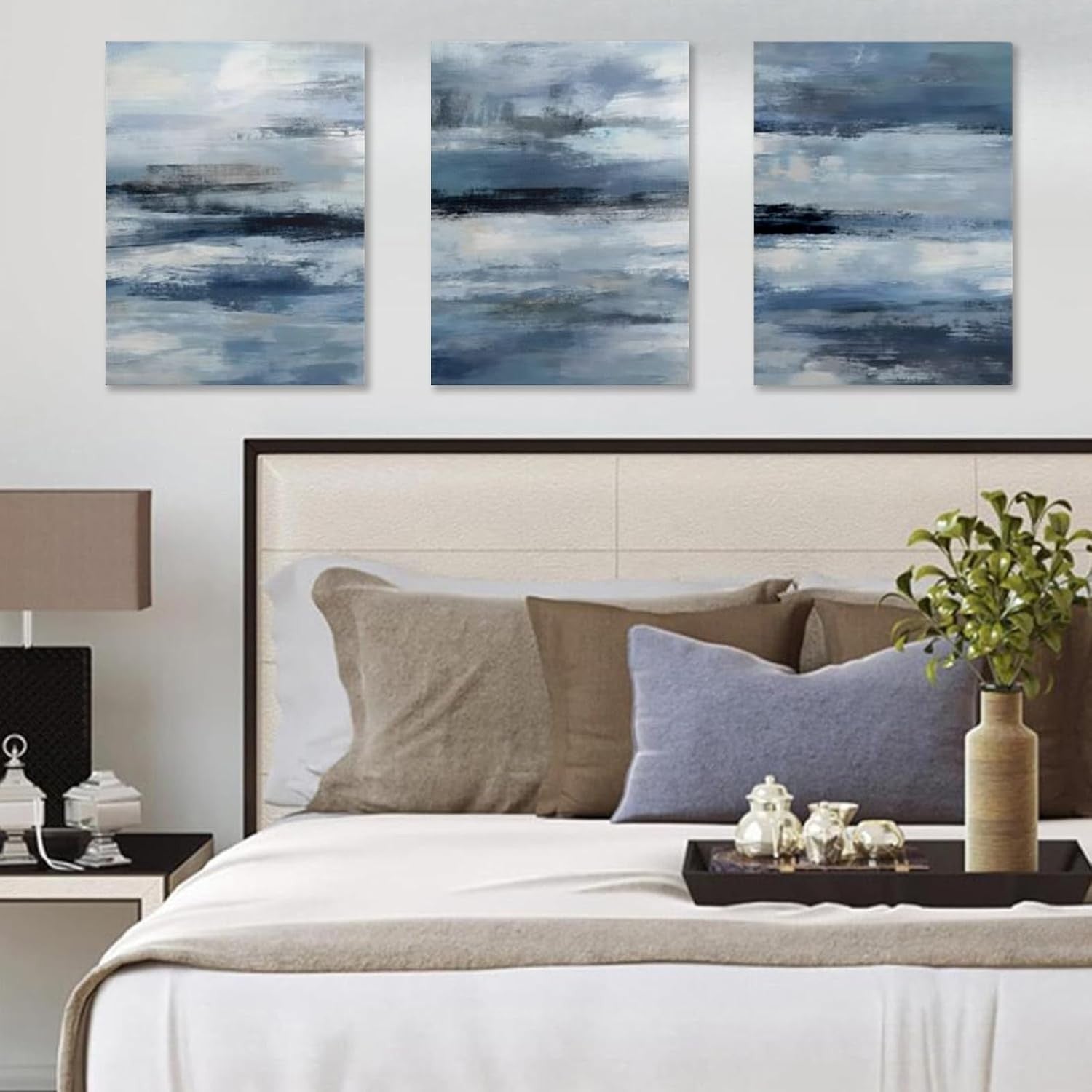 Set of 3 Abstract Canvas Wall Art Blue Grey 40x30cm Framed