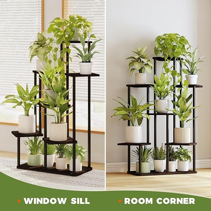 7 Tier Tall Metal Wood Plant Stand Indoor Outdoor Multi-Level Flower Shelf