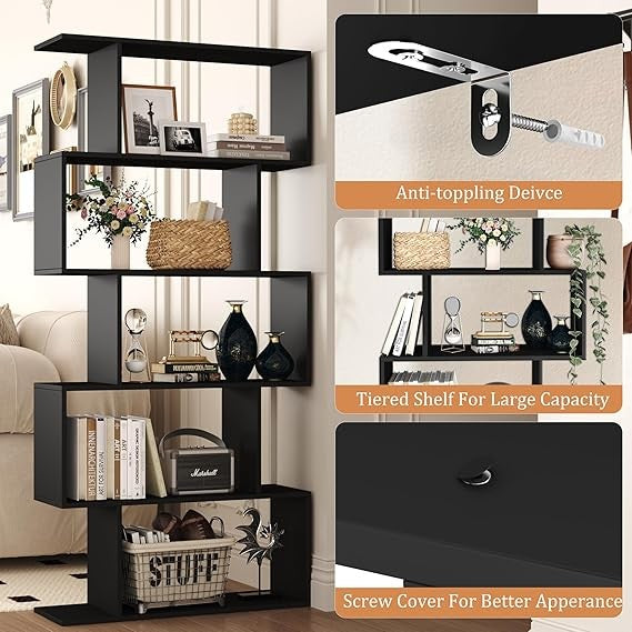 Modern 5-Tier S-Shaped Geometric Bookshelf Storage Unit for Living Room Office