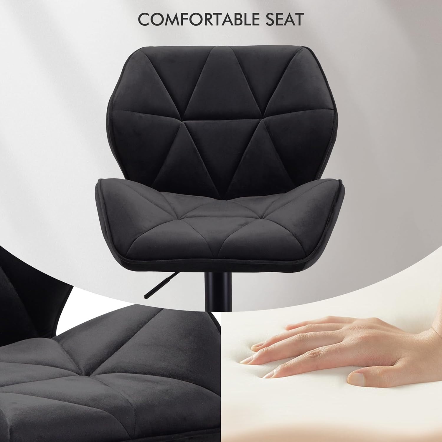 Velvet Black Bar Stools Set of 2 – Adjustable Swivel Kitchen Chairs