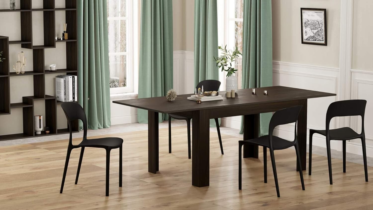 Extendable Dining Table 6-8 Seater Dark Walnut Space Saver Modern