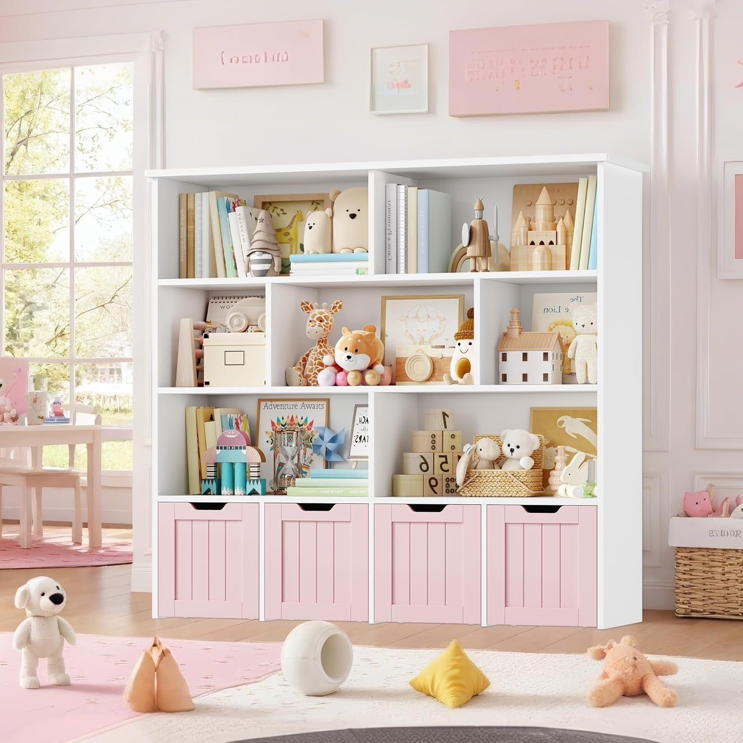 Kids Toy Storage Unit with 7 Shelves & 4 Drawers on Wheels – Pink+White Organize