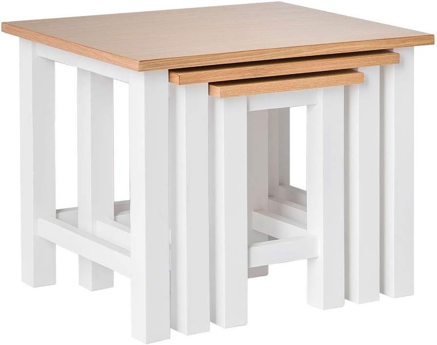 White Wood Nesting Coffee Tables Set of 3 Oak Top Contemporary Already Assembled
