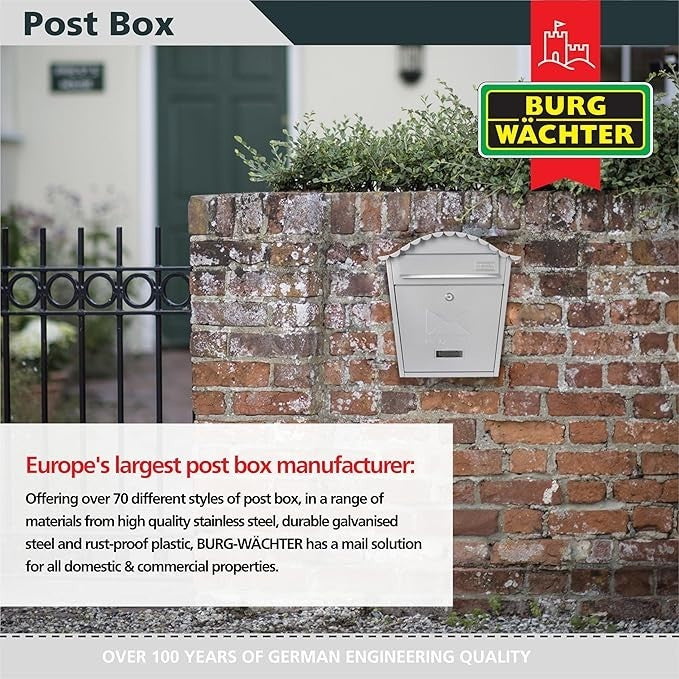 Secure Wall Mounted Lockable Post Box Silver Steel Weatherproof 36x37x13cm