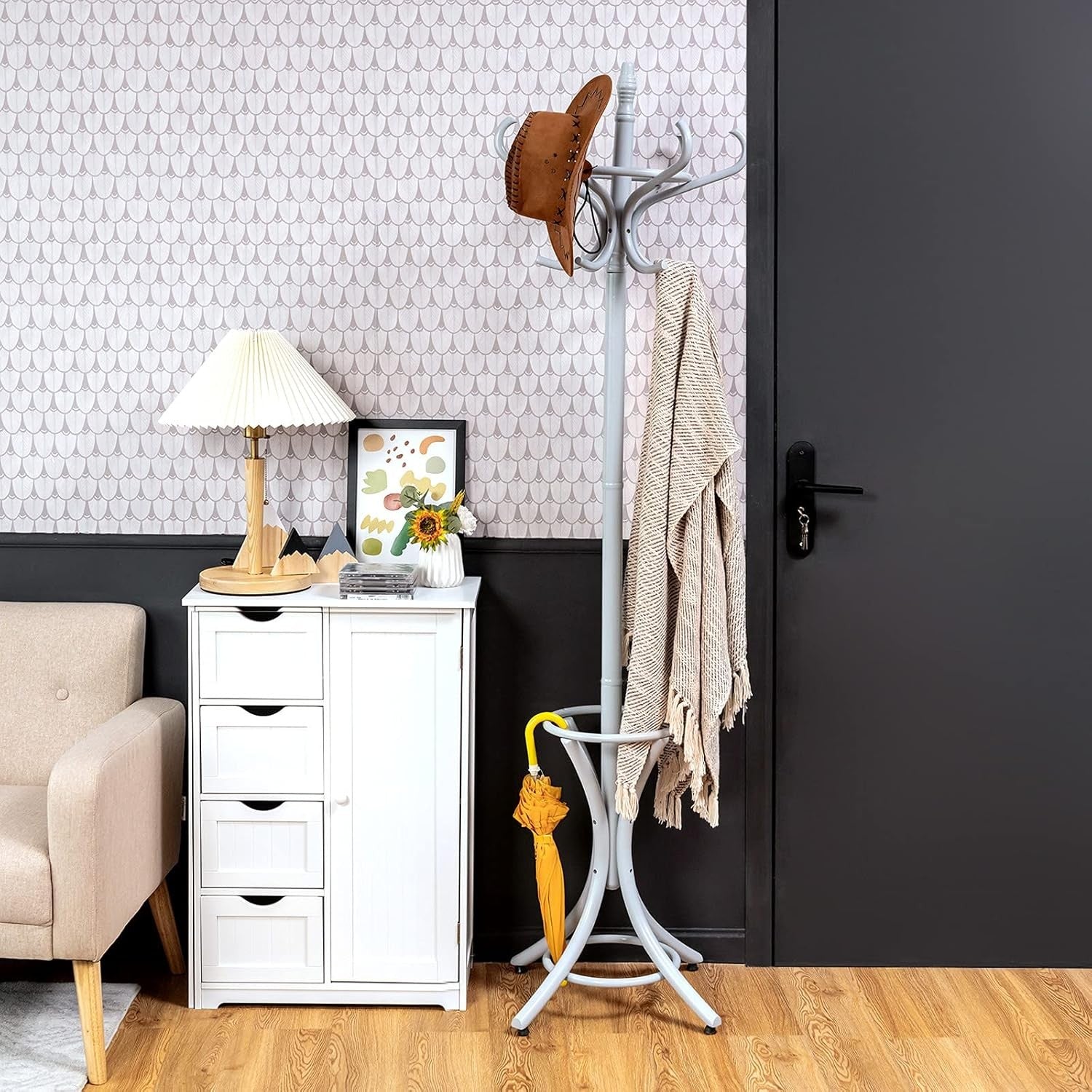 Wooden Coat Rack Stand 12 Hooks & Umbrella Holder | 75.5” Freestanding Hall Tree