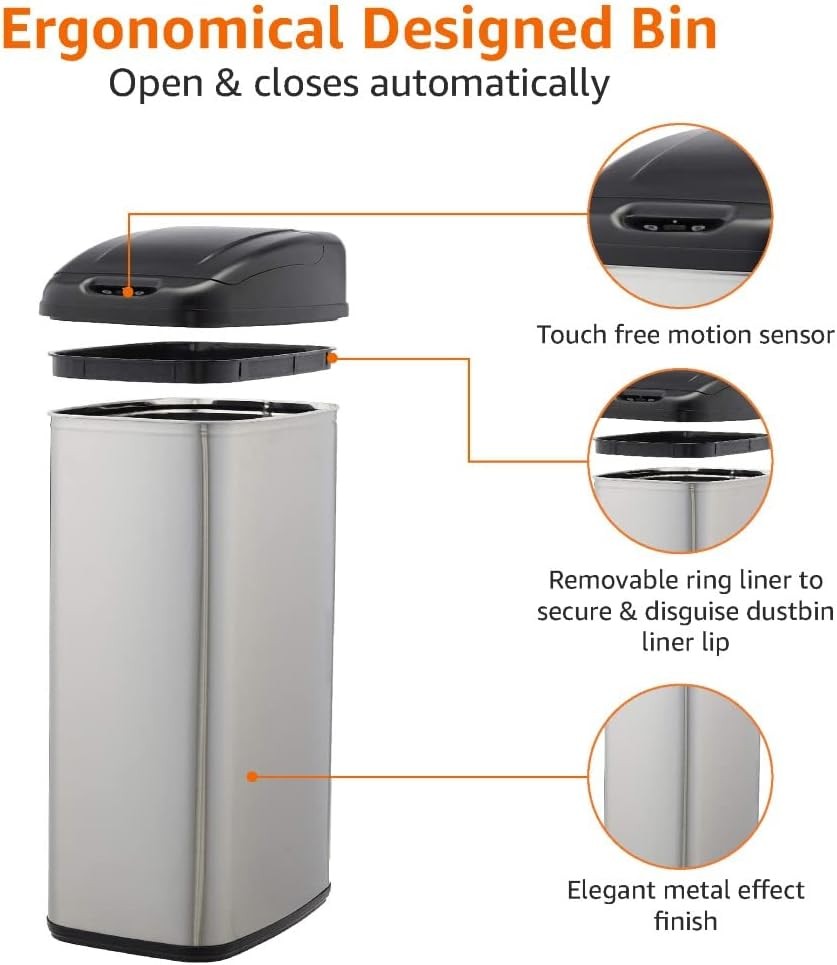50L Slim Sensor Bin Black & Silver Stainless Steel