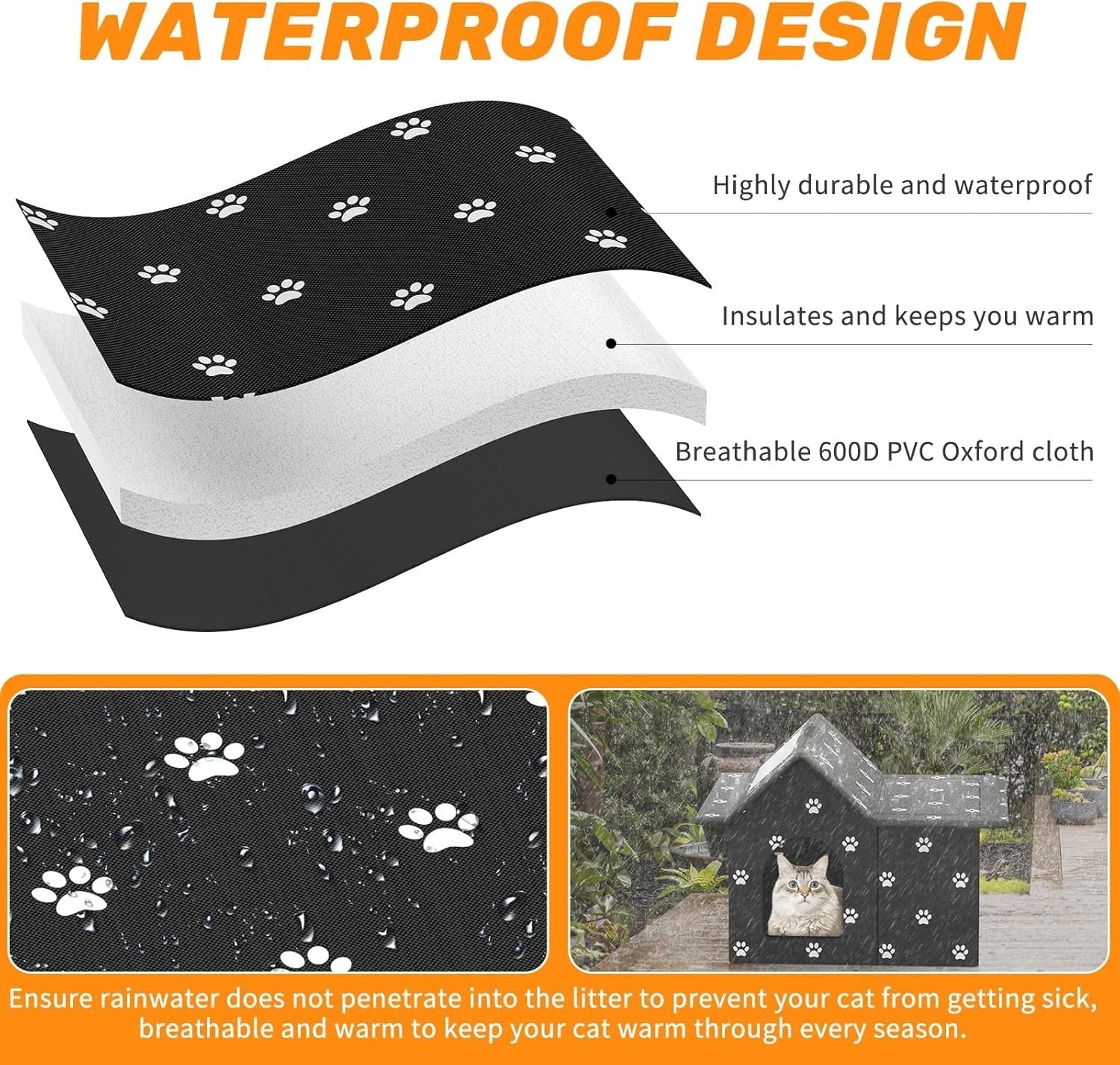 Waterproof Foldable Outdoor Cat House with Soft Mat– Winter Shelter 33x38x43cm