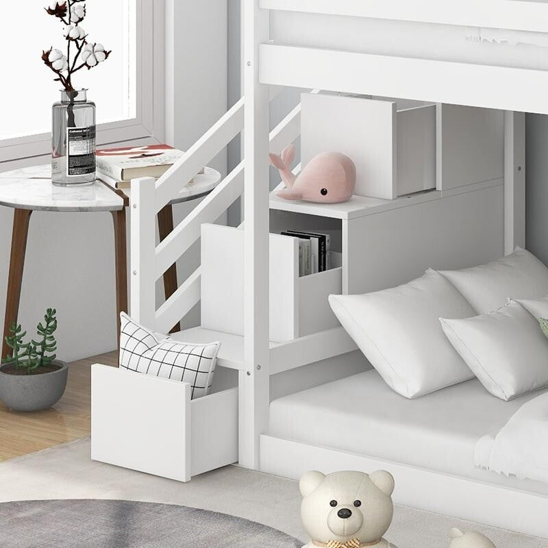 Kids Bunk Bed with Slide & Stairs White Pine Frame Storage Drawers 90x190cm